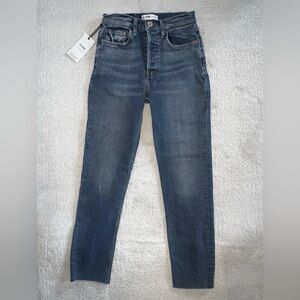 Re/Done  High Rise Ankle Crop Jeans sz 26 In Aged Blue High Waist Button Fly Raw